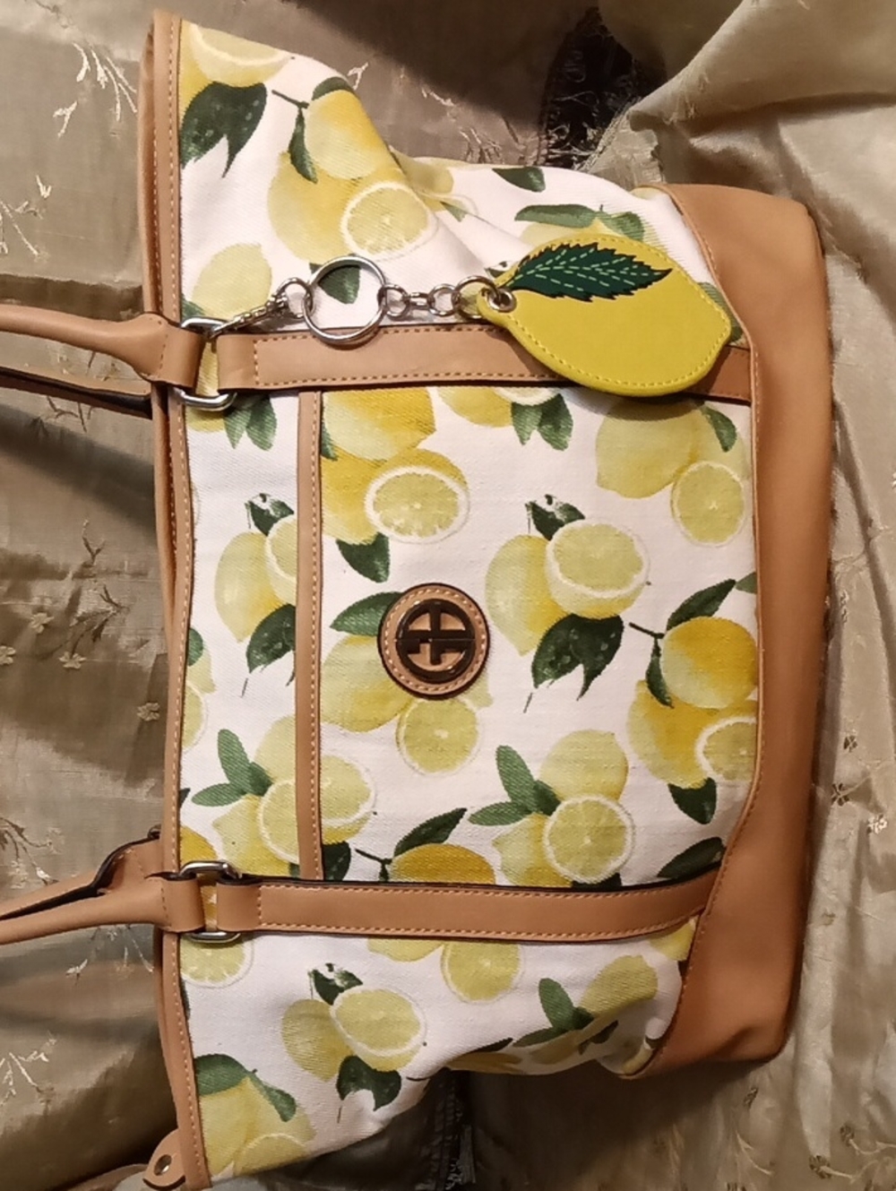 Giani Bernini Yellow Lemon Print Tote with Tan Trim